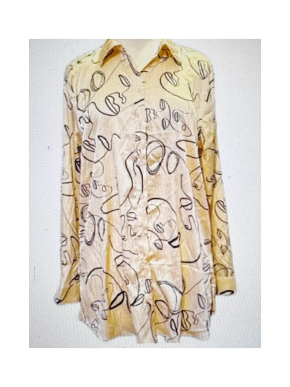 Milk & Honey Silky Abstract Face Button Down Blouse Beige Black Long Sleeve Top